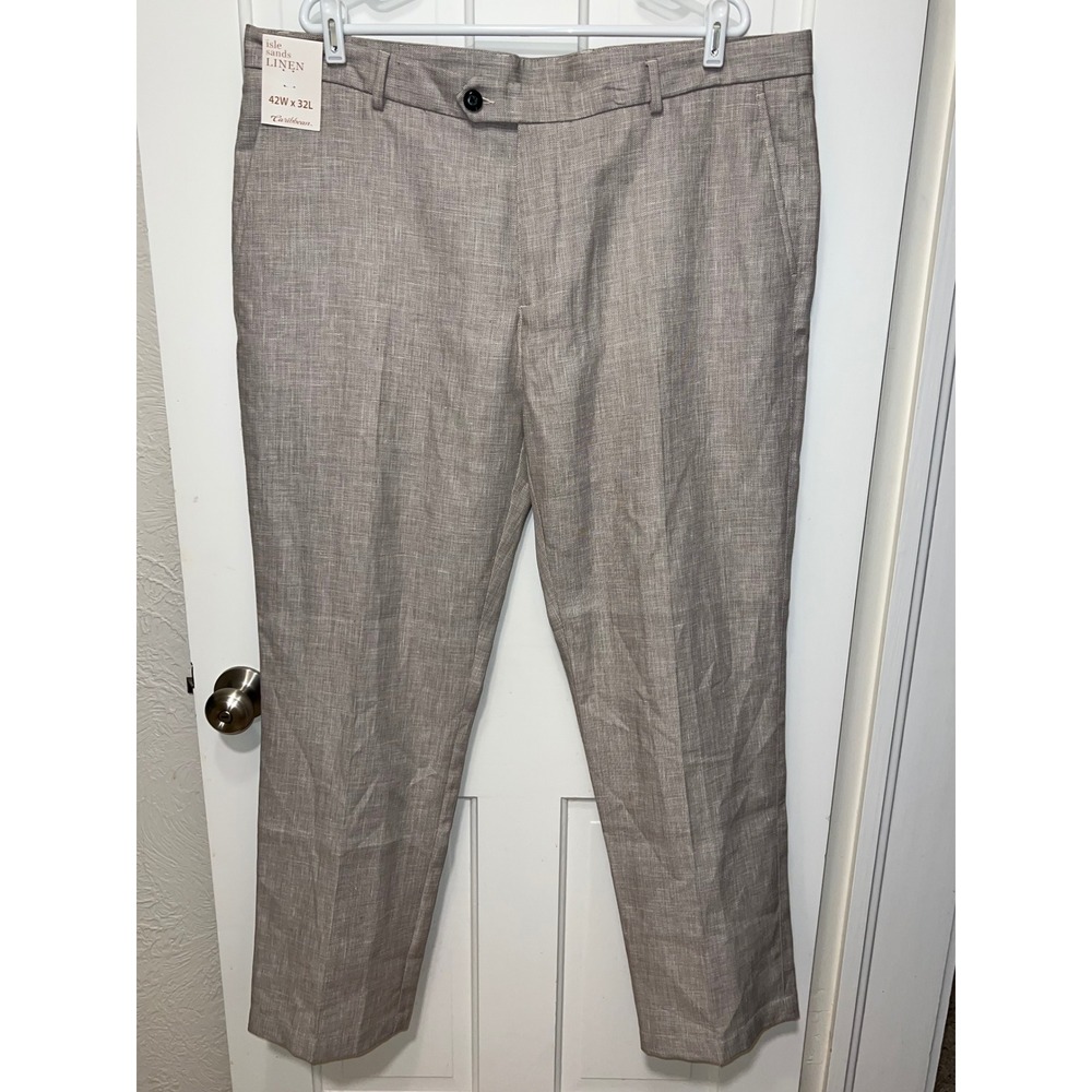 Caribbean Isle Sands Linen Blend Dress Pants Mens 42x30.5 Tan Straight Leg NWT